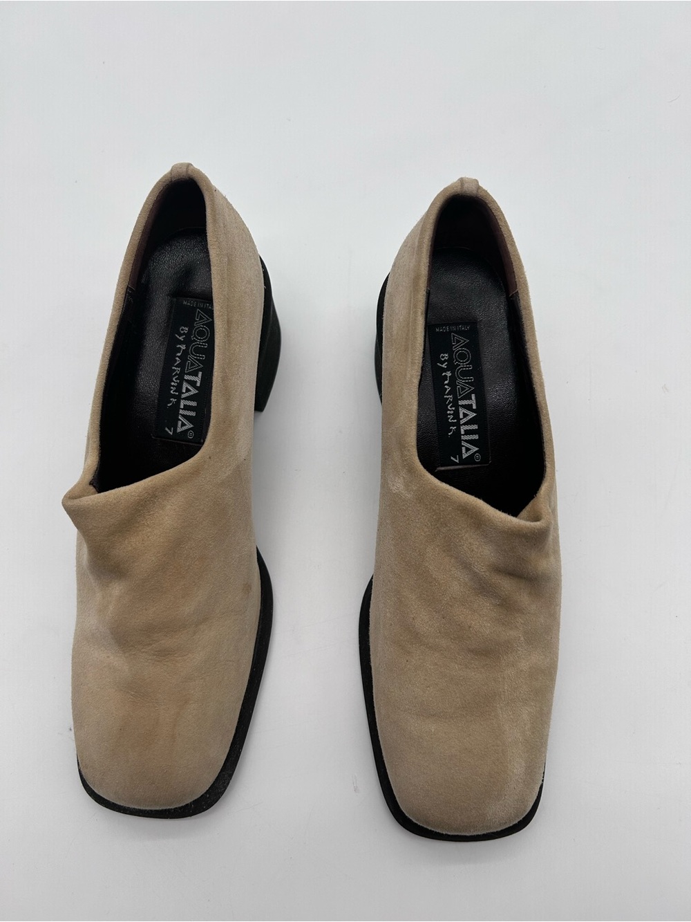 Aquatalia Women’s Taupe Suede Block Heel Slip-On Loafers size 7